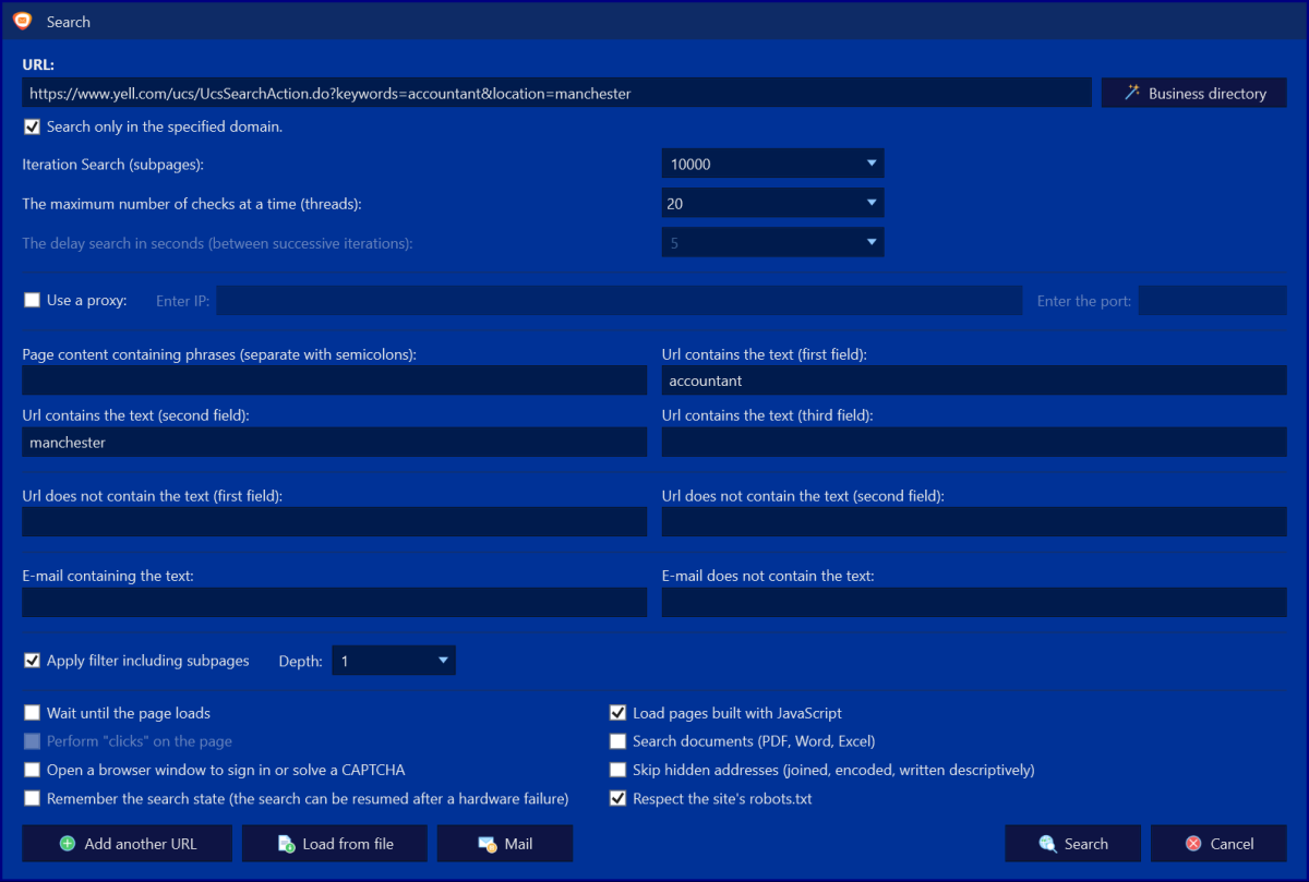 E-mail Hunter – Search window with search settings