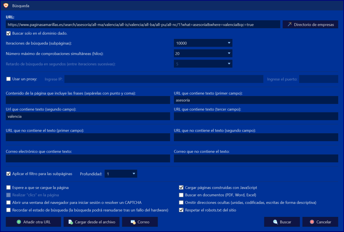 E-mail Hunter – ventana de búsqueda con la dirección inicial, iteraciones, hilos y filtros