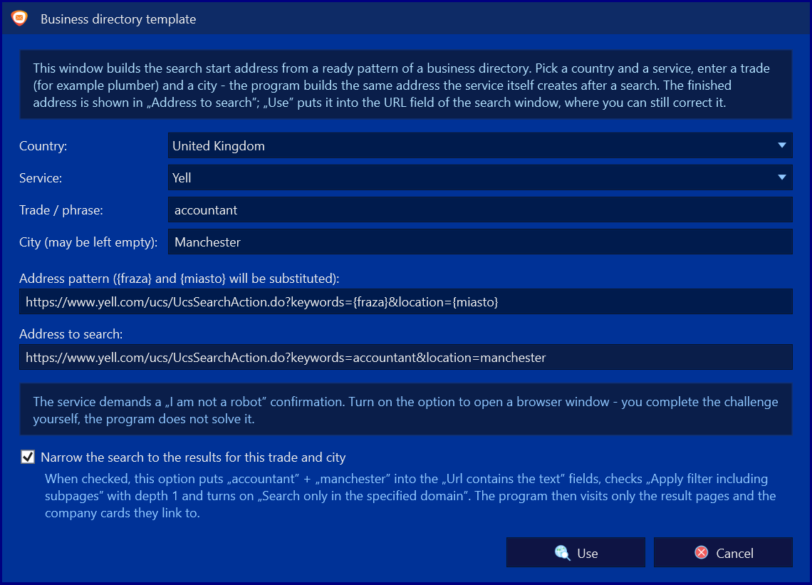 E-mail Hunter – Business directory window: country, service, trade and city