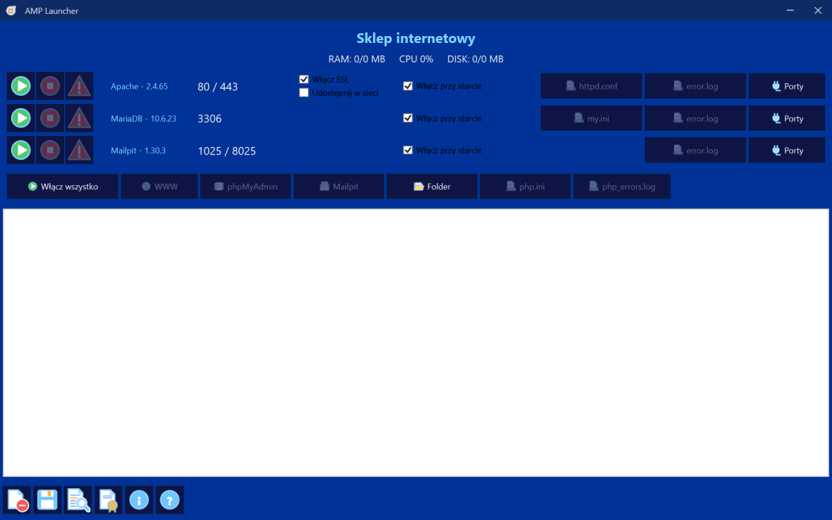 AMP Launcher – okno instalacji z przyciskami Start, Stop i Zabij dla Apache, MariaDB i Mailpit