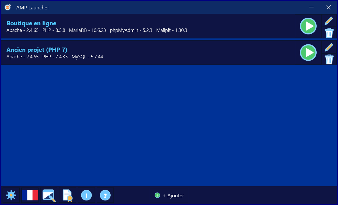 AMP Launcher – écran de démarrage avec la liste des installations