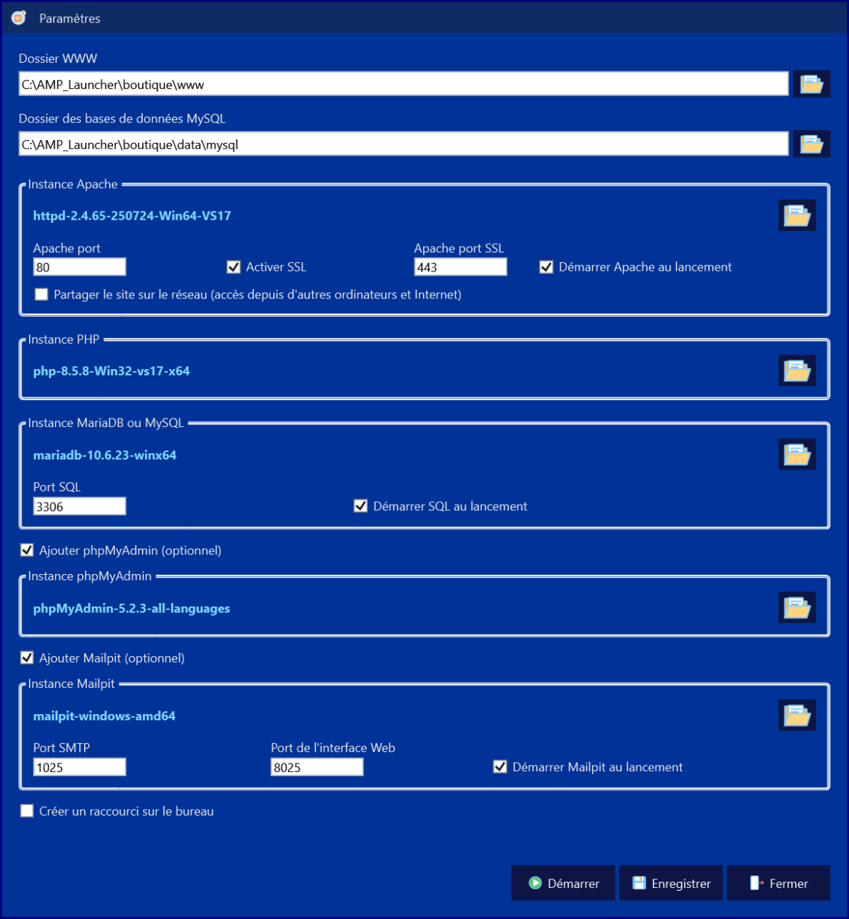 AMP Launcher – paramètres de l’installation : paquets ZIP, dossiers web et base de données, ports