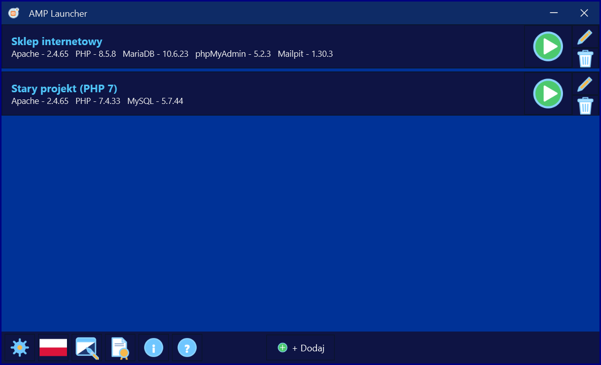 AMP Launcher – lista instalacji z wersjami Apache, PHP, MariaDB, phpMyAdmin i Mailpit