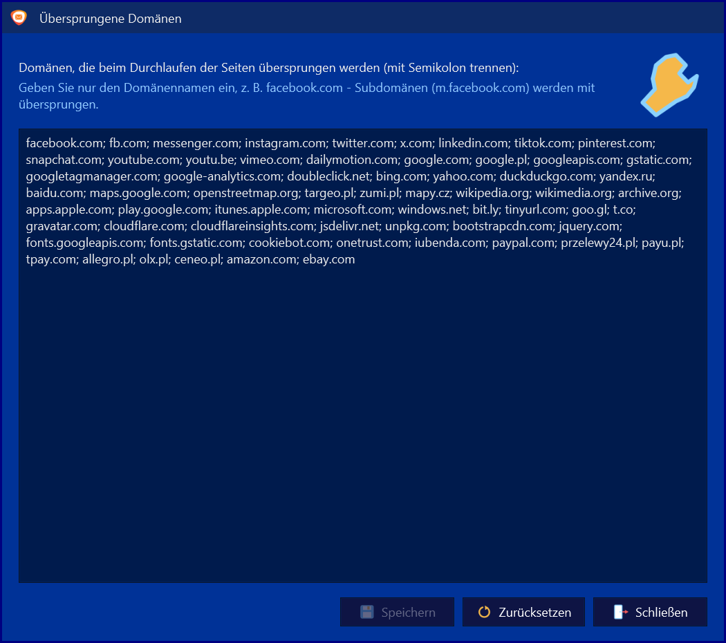 E-mail Hunter – Fenster Übersprungene Domänen mit der Liste der Dienste, die die Suche nicht betritt