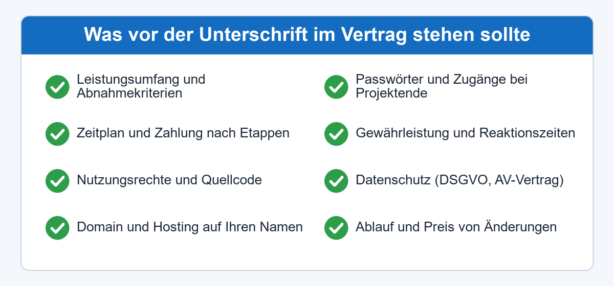 Checkliste für den Vertrag über Website, Onlineshop oder Software