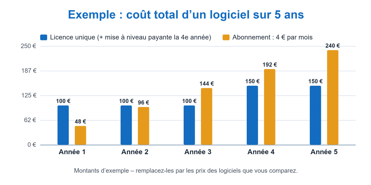 Graphique : coût total d'une licence unique et d'un abonnement mensuel sur 5 ans